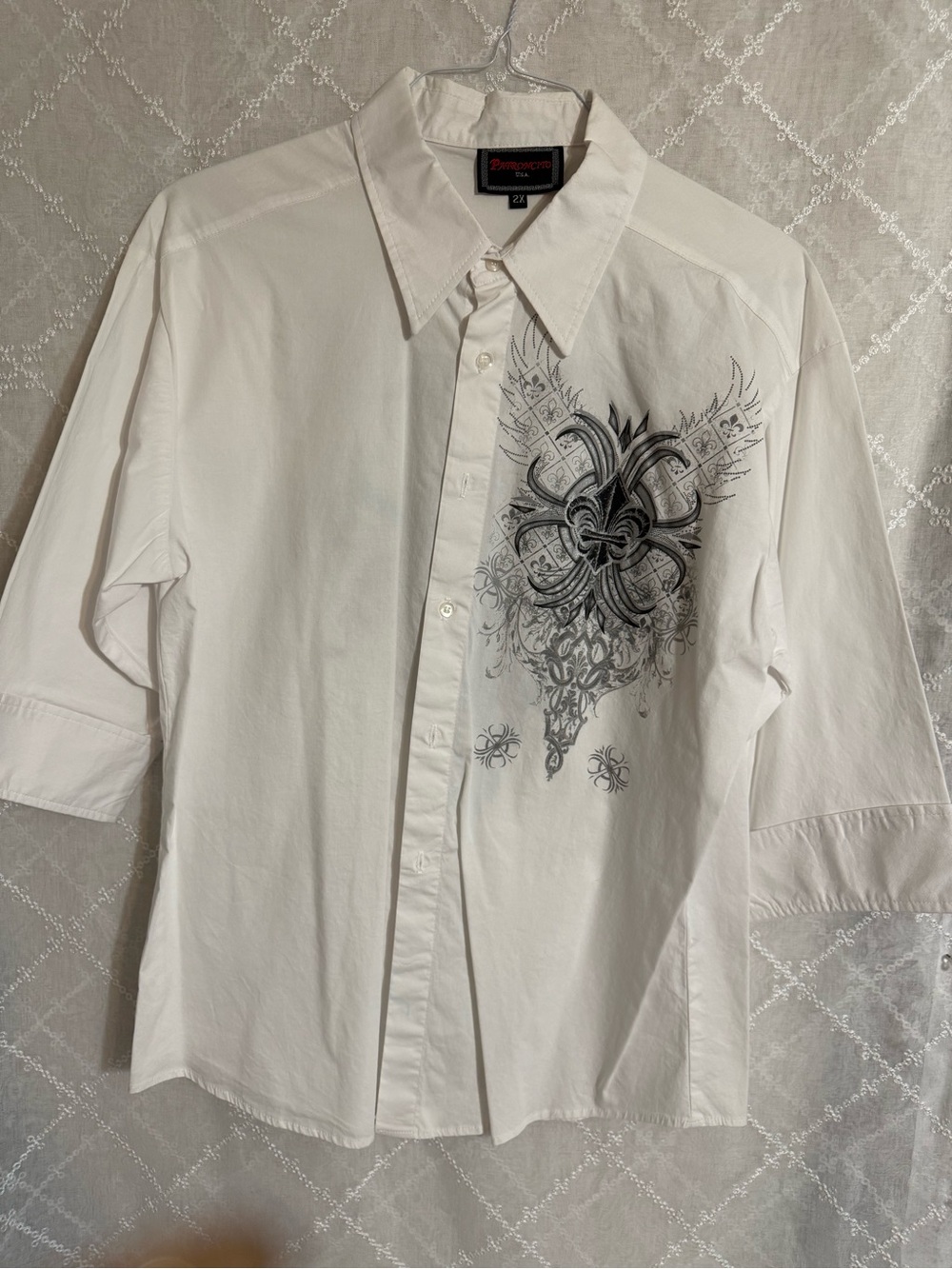 White Casual Button-Down Shirt with Black Graphic Detail